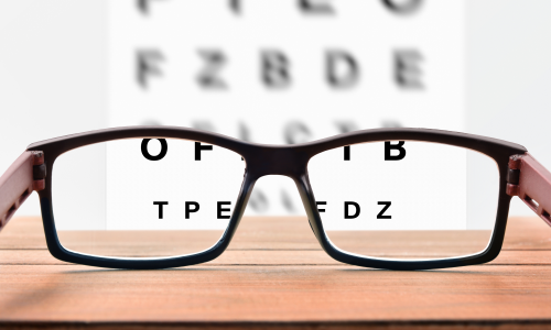 Eyeglasses looking at an eye chart
